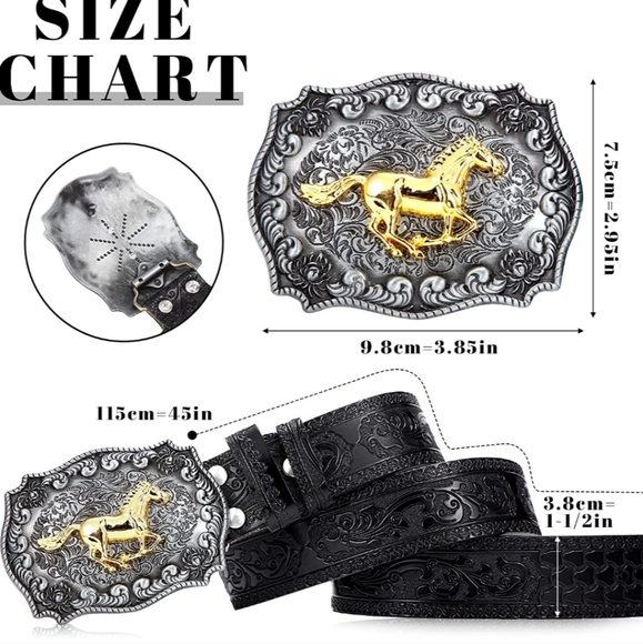 Western silver horse belt buckle with black belt - Picture 2 of 4